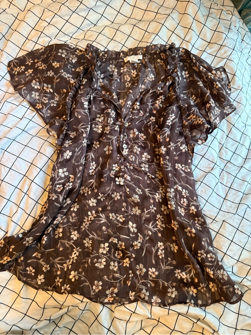H&M Brown Sheer Floral Ruffle V-Neck Blouse